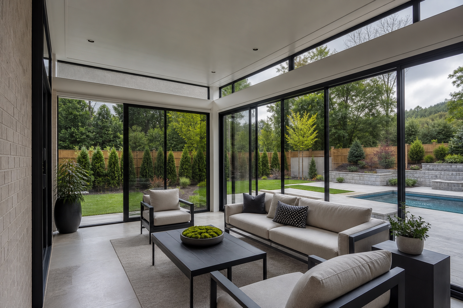 Contemporary glass sunroom with dark window frames and landscaped backyard views in Apex