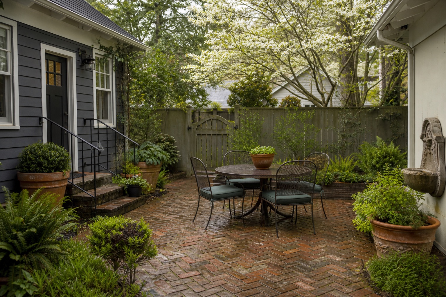 Reclaimed-brick garden courtyard with dining table, terracotta planters, and dogwood trees in Durham