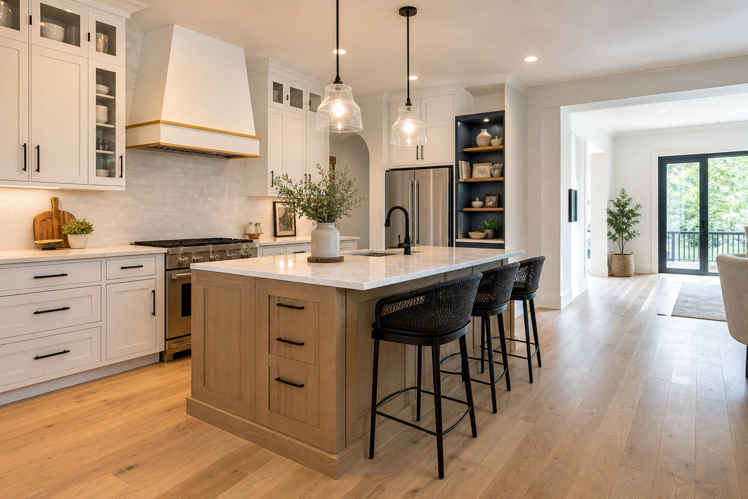 Custom kitchen remodel with white cabinetry, quartz island and professional appliances in Raleigh, North Carolina
