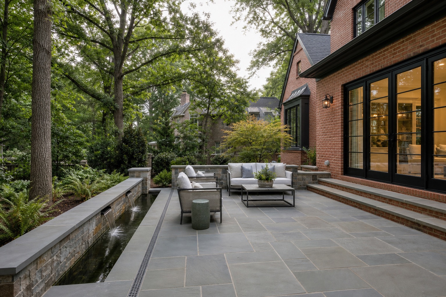Bluestone courtyard patio with a linear water feature, lounge seating, and brick-home connection in Raleigh