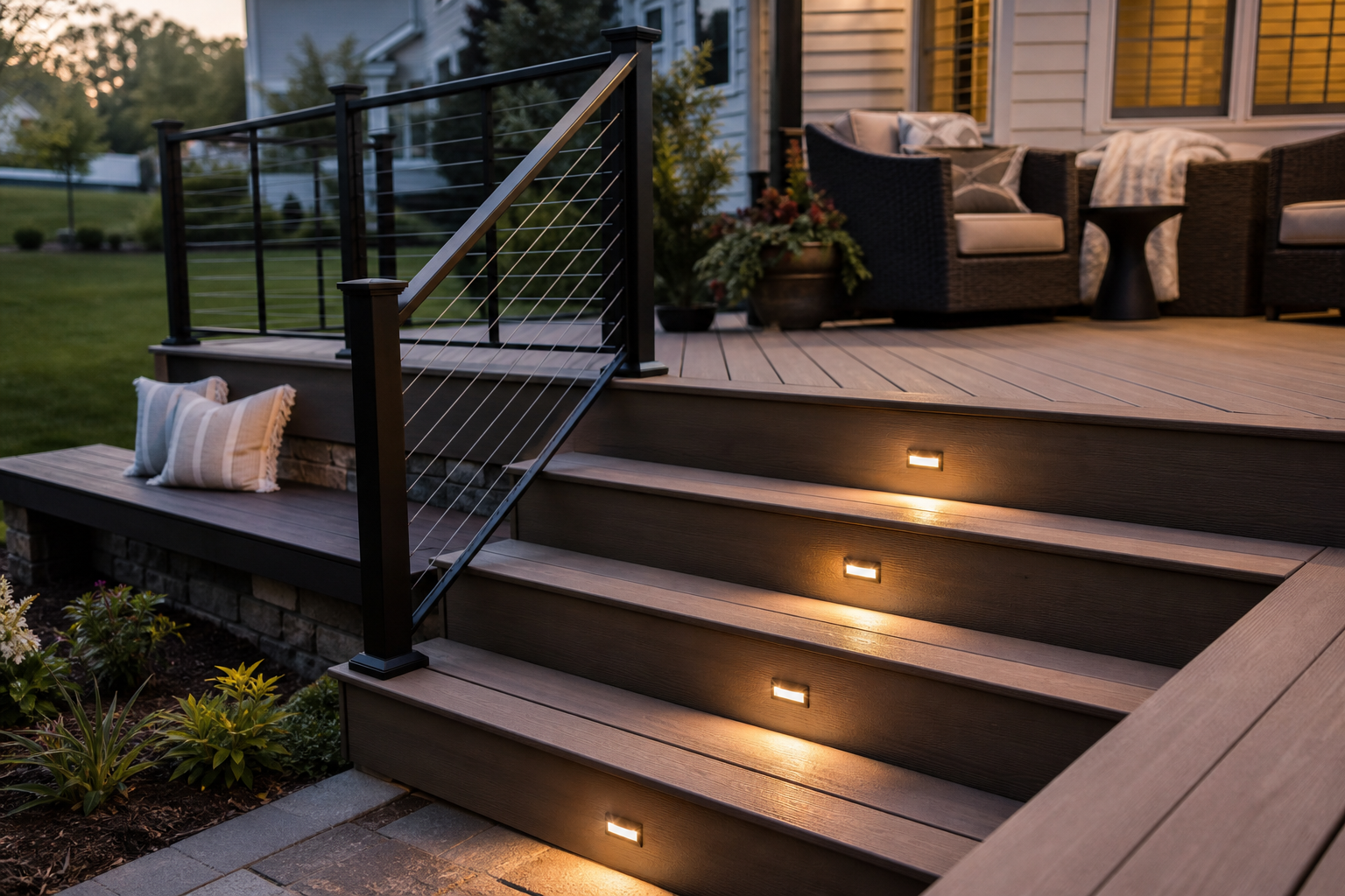 Composite deck stairs with integrated lighting for safer evening use in Raleigh