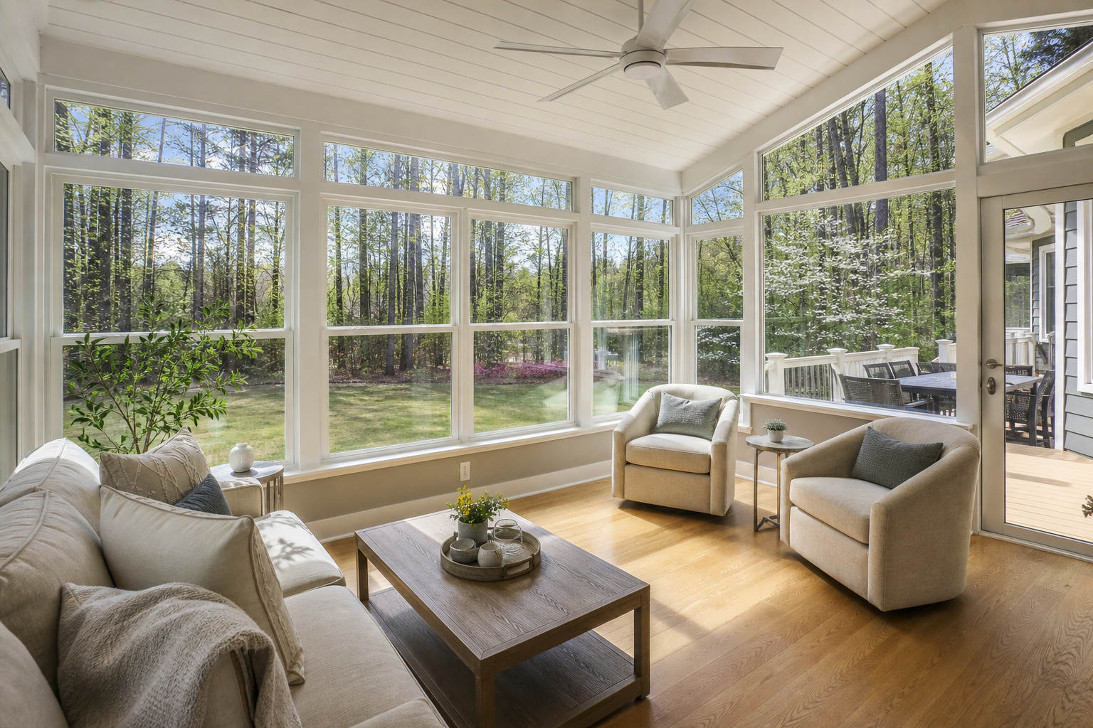Four-season sunroom with large windows, oak flooring, and wooded backyard views in Raleigh
