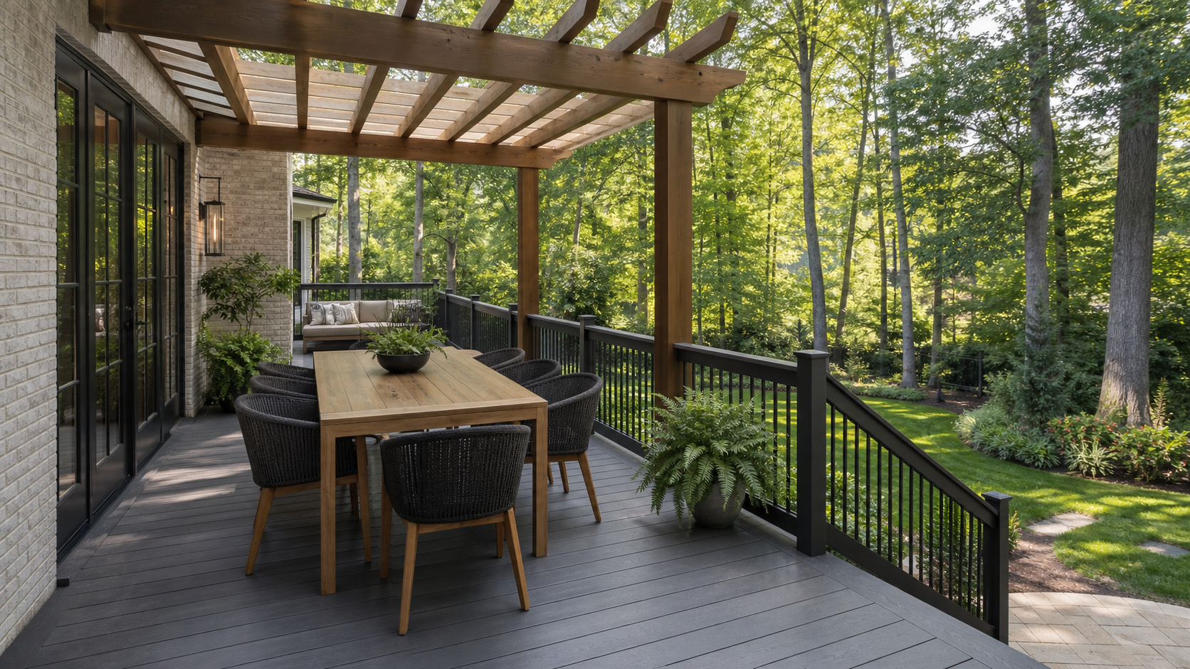 Composite deck with pergola and outdoor dining area for a Raleigh home